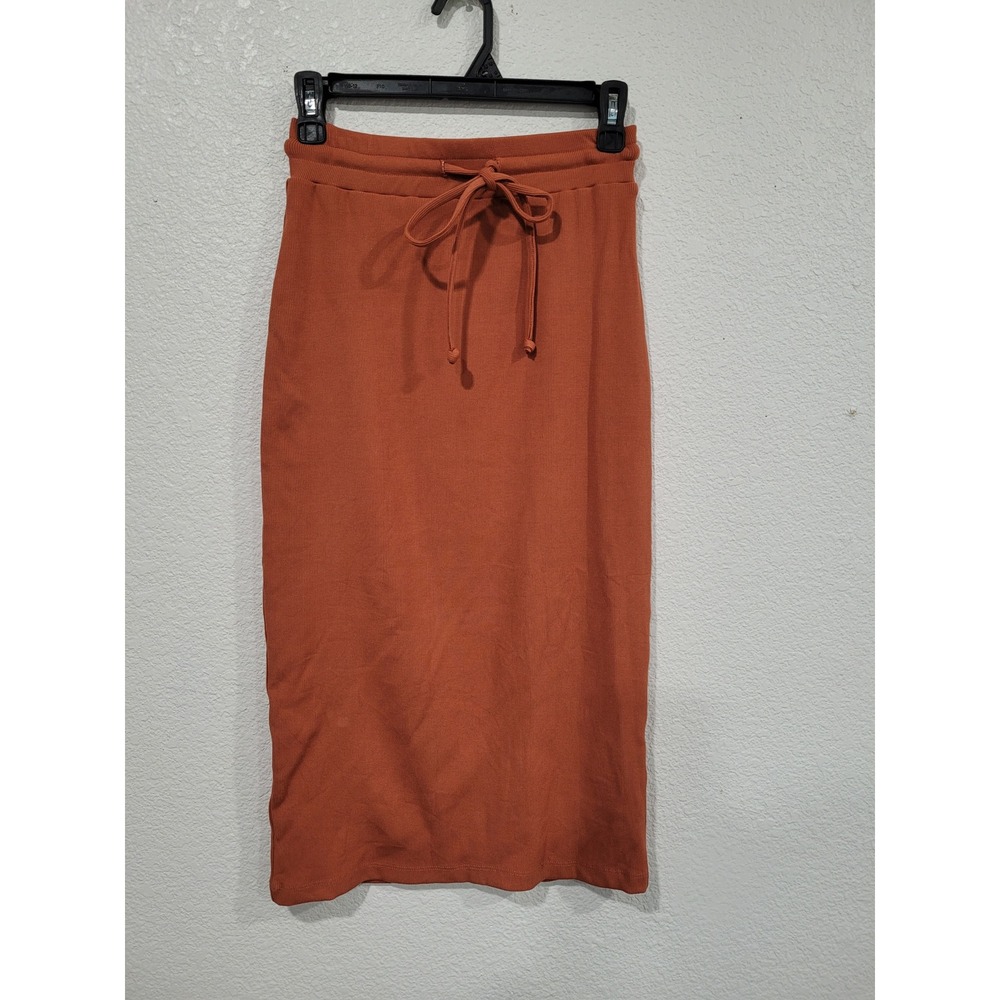 Madison & Berkeley Terracotta Rust Ribbed Knit Drawstring Midi Skirt S #10